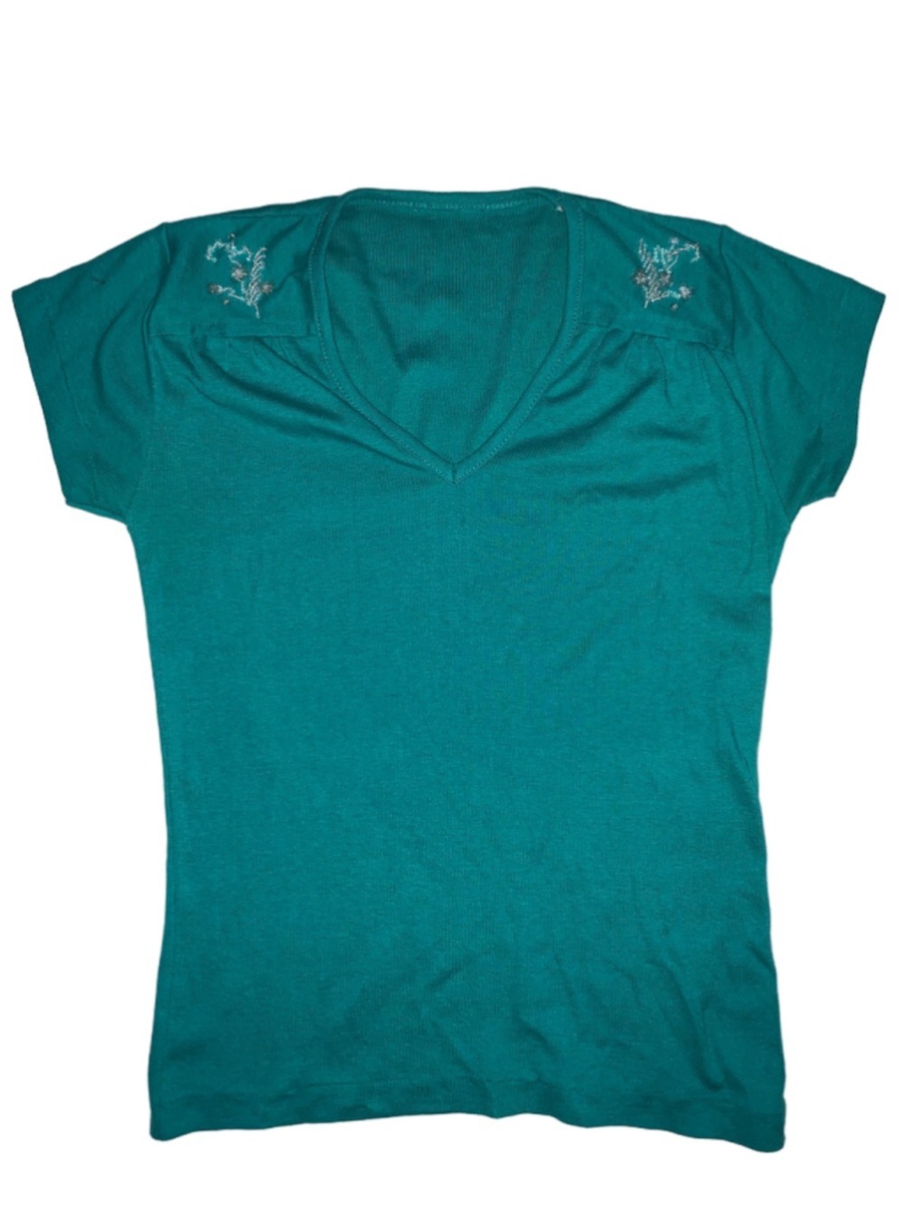Women's Unbranded Short Sleeve V-Neck Tee, Size S, Teal with Silver Beading